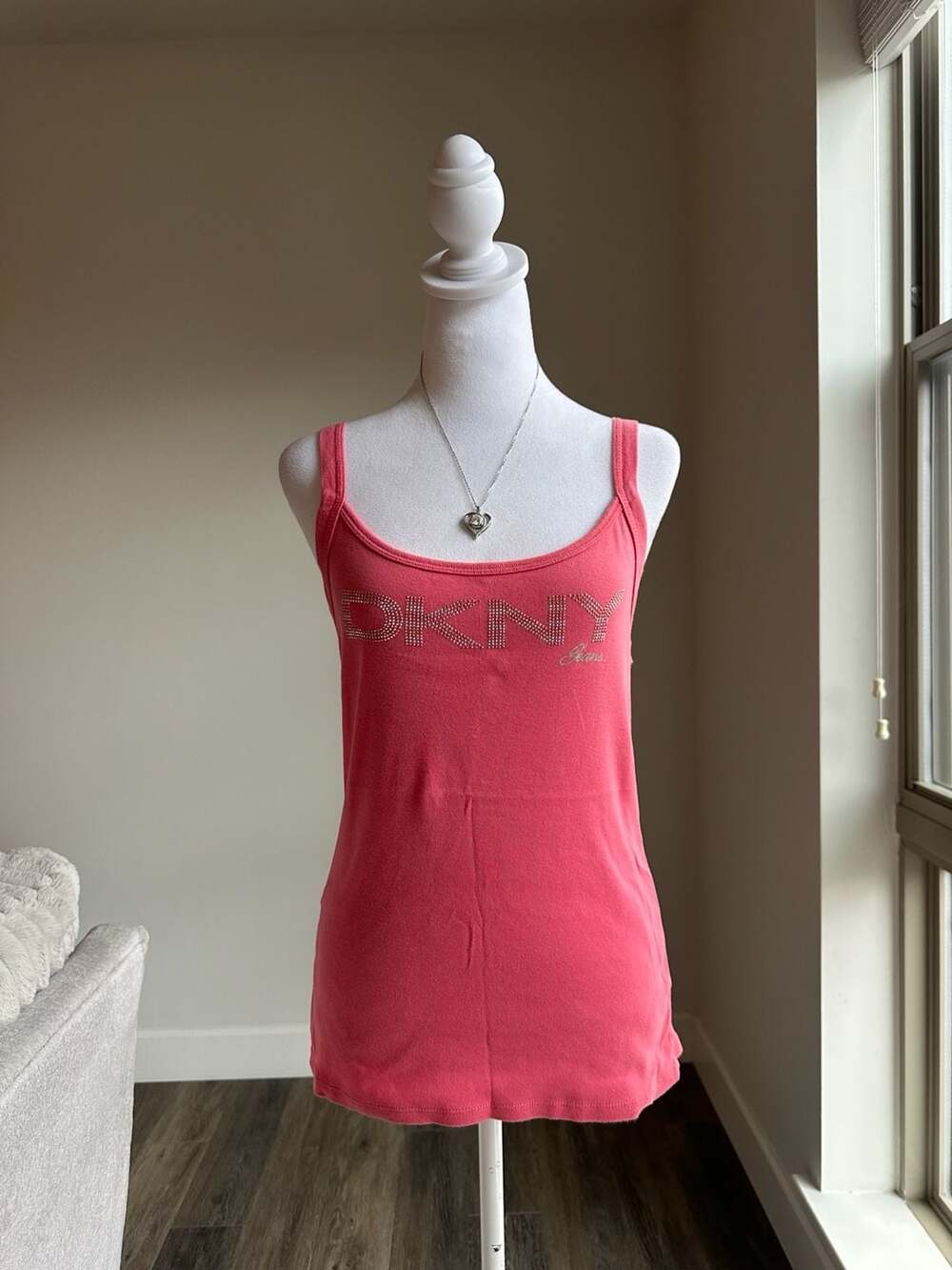 DKNY Jeans Pink Embellished Logo Tank Top Sz L Rhinestone Camisole